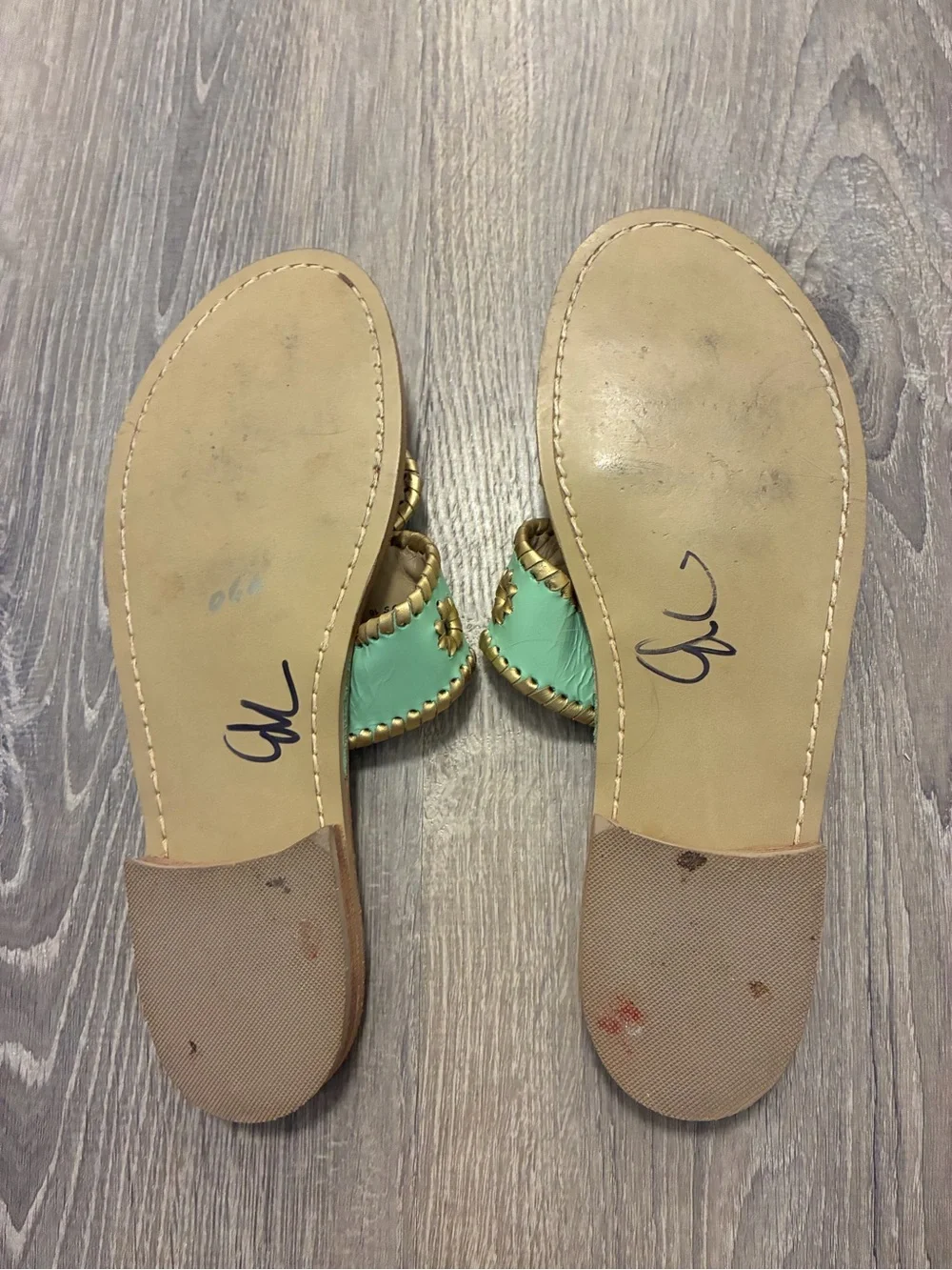 Jack Rogers Mint Green Leather Thong Sandals with Gold Accents- 10.5